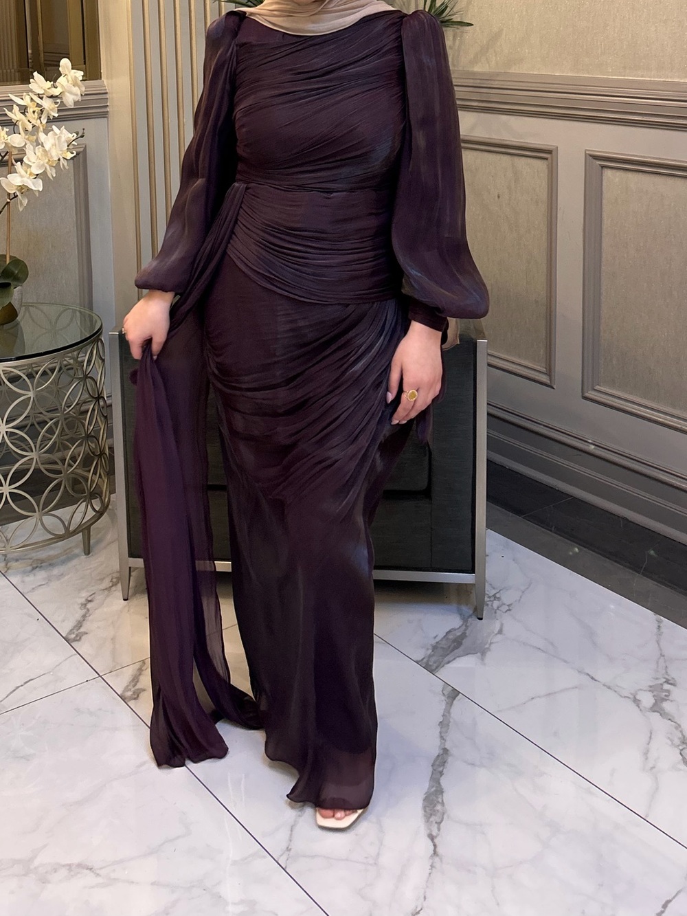 Midnight Plum Long-Sleeve Draped Evening Gown